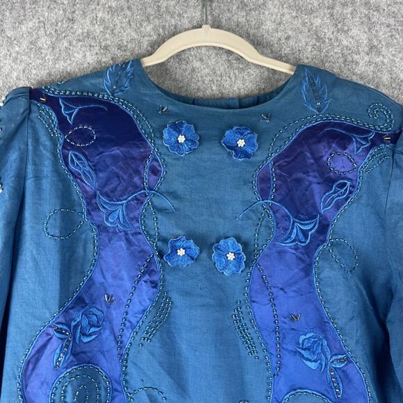 Vintage Bellino Paris Mode Top Womens 14 Blue Ramie Embroidered Beaded Applique - Picture 2 of 14
